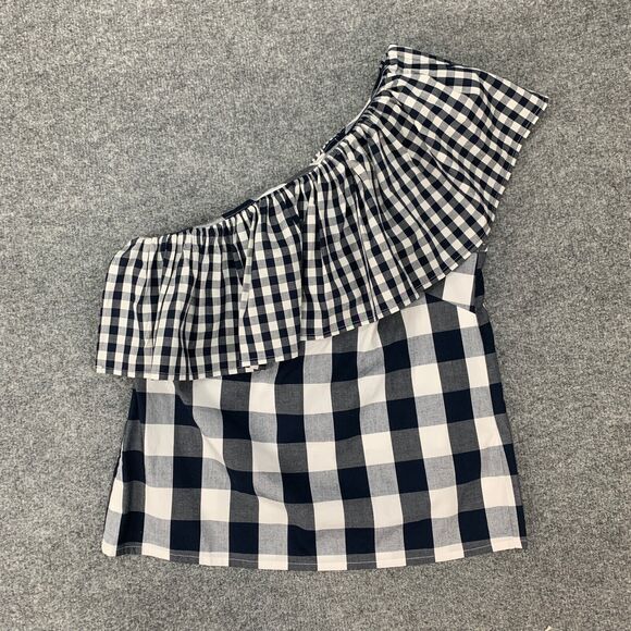 J Crew Top Womens 2 Navy Gingham Plaid Cotton Stretch Poplin Ruffle One Shoulder - Picture 2 of 12
